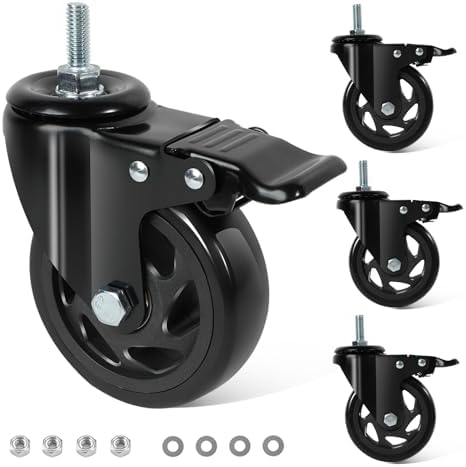 Caster Wheels 4 Inch, Swivel Threaded Stem Casters Set of 4 Heavy Duty 2000lbs, 3/8" -16 x 1 (Stem Diameter 3/8", Stem Length 1") Locking Casters Wheels Black