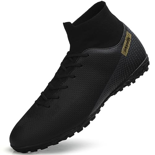 Image of Men's Indoor Soccer Shoes Turf Cleats High-Tops Lace-Up Non-Slip Spikes Futsal Football Boots Black EU 45
