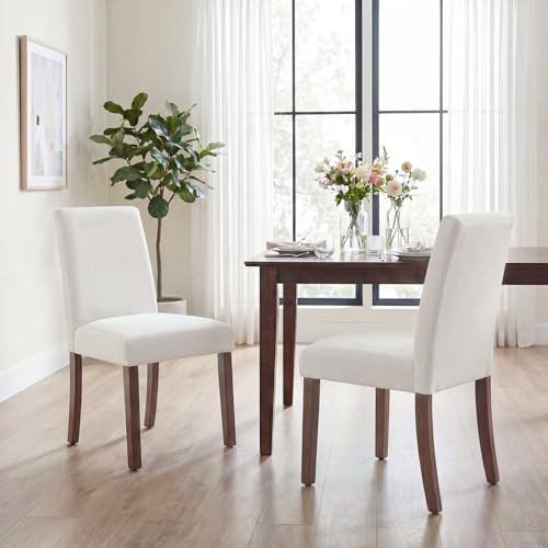 Image of Upholstered Dining Chairs Set of 2, Mid-Century Dining Room Chairs with Wooden Legs, Farmhouse Fabric Parsons Chairs for Small Space Restaurant & Cafe- Light Beige
