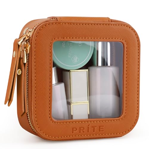 Prite Small Makeup Bag for Women Portable Clear Makeup Bag Cute Mini Waterproof Travel Cosmetic Bag with Gold Zipper for Car Essentials(Brown) Brown Mini