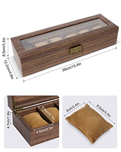 Image of Uten Watch Box 6 Slots with Glass Lid, Wood Grain PU Leather | Watch Storage Organizer, Imitation Suede Pillows, Metal Clasp, fits Watch Size up to 55mm, Gift Idea