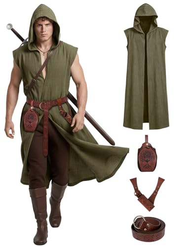 Renaissance Costume Set for Men - 4PC Medieval Viking Hooded Sleeveless Surcoat Ren Faire Halloween Cosplay Outfit (Green L)