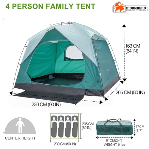 Image of BISONBERG 4-Person Camping Tent, Waterproof PU 1500mm, Breathable with Rain Fly, for Family Outdoor Adventures
