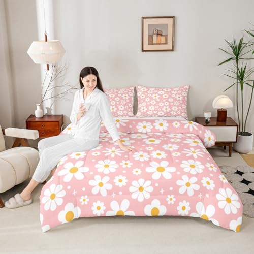 Image of Daisy Flower Groovy Comforter Set Toddler Size Kids Boys Girls Bedding | Retro Boho Breathable Soft Lightweight Duvet Set Quilt Set Bedroom Decor Microfiber 2Pcs Light Pink Warm Cozy All Season