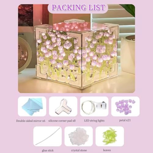 CPENSUS Acrylic Diy - Do It Yourself - Tulip Cube Mirror Lamp, 30 Flowers Led Decorative Lamp, 2 In 1 Mirror & Table Ornaments For Bedroom Livingroom Desktop Decor Birthday Gift multicolor