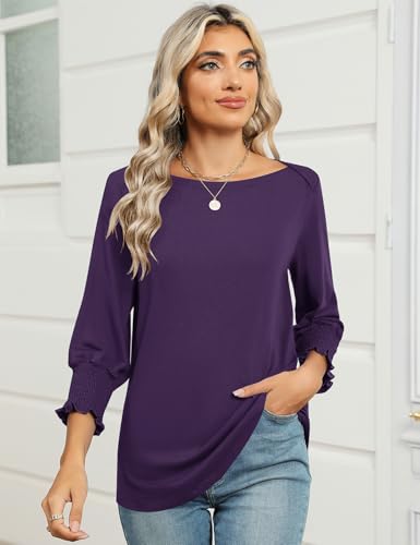 IECCP 3/4 Length Sleeve Womens Tops Summer 2025 Fashion Trendy Boat Crew Neck Smocked Work Dressy Casual T Shirt Blouses3