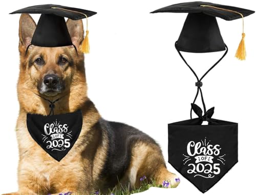 Dog Graduation Cap with Yellow Tassel and Class of 2025 Pet Graduation Bandana