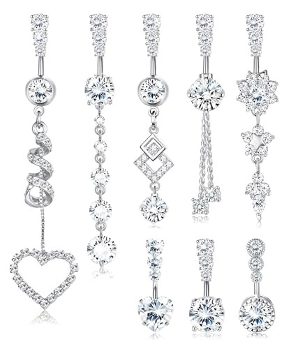 FIBO STEEL 8Pcs Belly Button Ring for Women Dangle Belly Rings Surgical Steel Cute Heart Flower Dainty Dangly Belly Button Piercing Jewelry Navel Ring Silver 14G