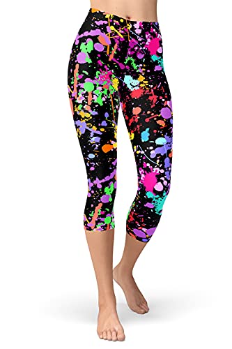 sissycos Damen Artistic Print Capri Leggings, 80er Jahre Hohe Taille Tie Dye Splash Sanft 3/4 Hosen(tie dye schwarz,L-XXL)
