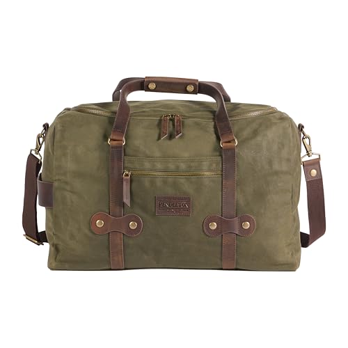 Pendleton Odyssey Collection Canvas Duffle Bag, Olive Green with Leather Trim, Waxed Cotton, 20x13x12 Inch, Removable Shoulder Strap