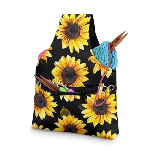 Image of KUIFORTI Sunflower Yarn Bag Holder Knitting Accessories Black Crochet Bag Organizer Tote Yarn Bags for Crocheting on The Go, Small Size