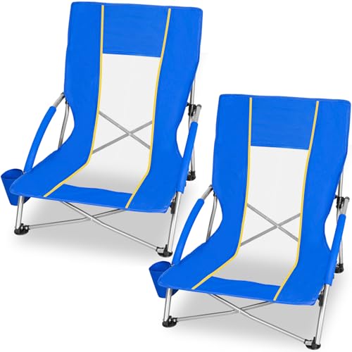 Romswi 2 Pack Lightweight Low Beach Chairs with Breathable Mesh Back 6LBS Folding Portable Sand Chairs with Cup Holder Heavy Duty 300lbs Capacity for Camping & Outdoor Use Blue