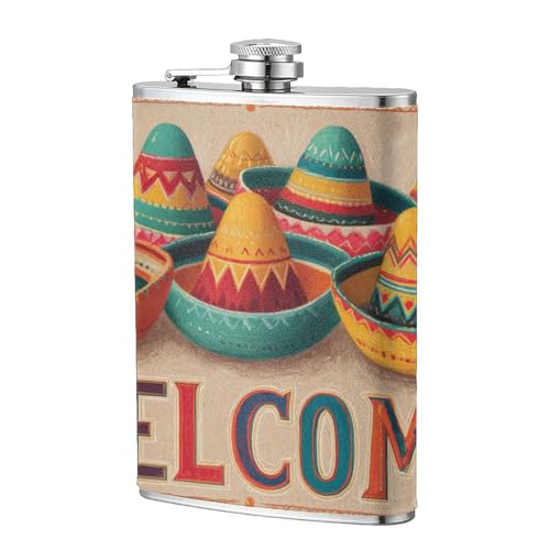 Mexican Fiesta Sombreros Cartoon Pocket Hip Flask 8 Oz, Stainless Steel Flagons for Dad Groomsman Wedding Travel Camping