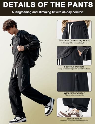 Image of Venzina Men's Techwear Casual Pants, 2-in-1 Straight Leg Waterproof Quick-Dry Joggers, Urban Functional Pants with Contrast Zipper, for Commuting Travel Workout