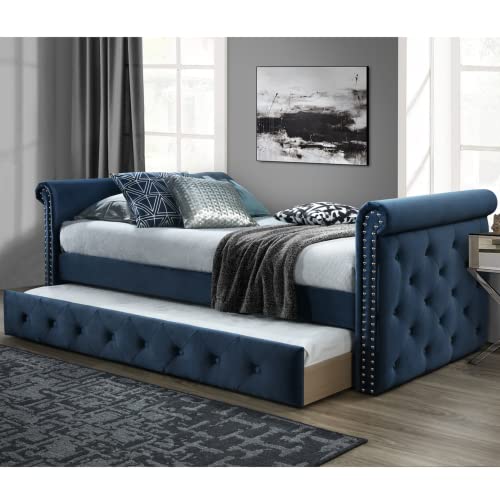 Dg Casa Hesdin Daybed With Trundle Platform Bed Frame With Button Tufting Nailhead Trim Andfull Wooden Slats, Box Spring Not Required-Traditional Upholstered Twin Size Day Bed In Bluefaux Velvet #TOP20
