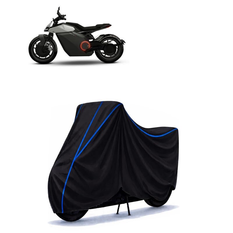 Image of Ola Roadster Electric Bike Cover Water Resistant Universal Motorcycle Rain | Heavy Duty UV Protection, Dust, Scratch Indoor Outdoor All Weather with Black Blue Piping Elastic