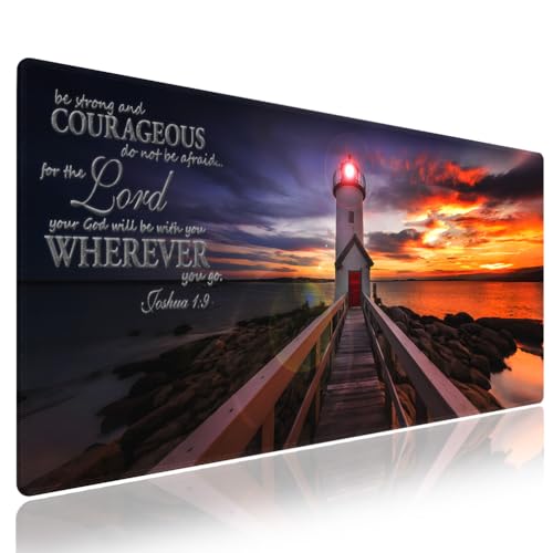Be Strong and Courageous Large Mouse Pad, Lighthouse Sunset Ocean Desk Mat