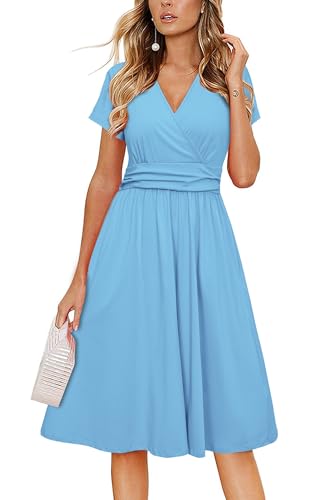 Newshows Light Sky Blue Dresses for Women 2025 Summer Spring Short Sleeve V-Neck Faux Wrap Casual Midi Sun Dresses with Pockets(Light Sky Blue,Medium)