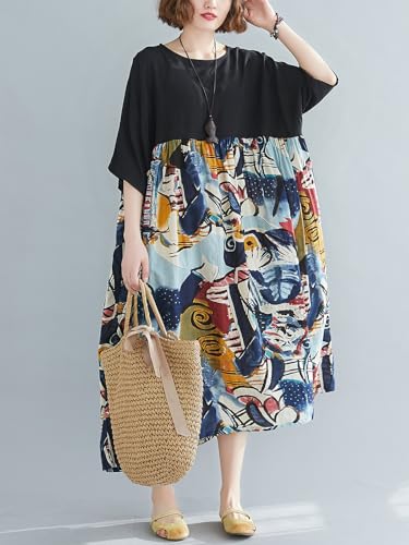 Image of Women's Oversized Dress Plus Size Summer Dress Artsy Print Pathwork | Loose, Oversized Cut Baggy Dresses. O Neck with Pockets. Breathable Viscose Fabric for Summer. Colorful Print Patchwork