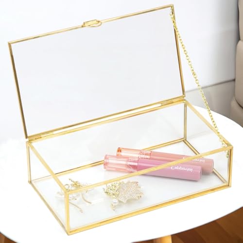 ZEXALOR Clear Glass Decorative Box for Organizing Photos Jewelry Small Items - Golden Dresser Drawer Organizer Transparant Small Storage Bin Container with Lid (Upgrade 8x4 3x2 3)