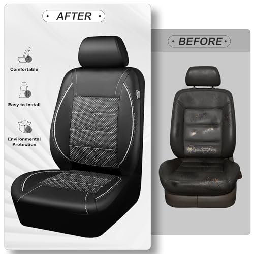 Image of CAR PASS Piping PU Leather Car Seat Cover Full Set, Inside Zipper Design and Reserved Opening Holes, Airbag Compatible,Universal FIT for Car, SUVs,Van,Trucks(Full Set, Black & Silver