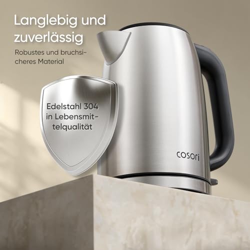 COSORI Wasserkocher Edelstahl, BPA frei, 1,7 L, Strix-Technologie, kocht in 3 Minuten, 2200W, Große Öffnung, Trockengehschutz, 360° drehbarer Sockel, Silber-schwarz
