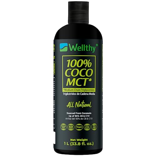 Aceites, Wellthy MCT Oil 1 Litro, 66 Porciones, Ácido Caprílico 100% Puro y Natural de Coco, KETO y Paleo Safe, Energía y Concentración, 0g de Azúcar, Gluten Free,...