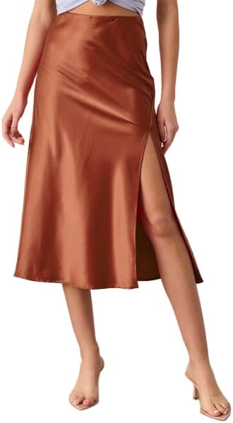 Satin Midi Skirts Women Silk High Waist Split Thigh Front Bodycon Hidden Elastic Waistband Skirt with Slit - Image 4