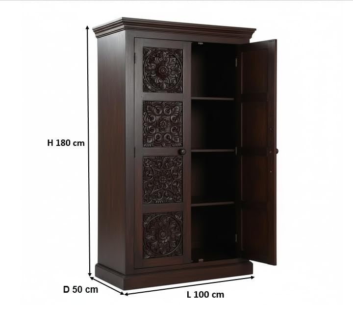 Image of APRODZ Floreale Mango Wood Wardrobe for Bedroom 2-Door Modular Wooden Almirah for Storage /Space Saving Storage Organizer Rack Clothes Cupboard for Bedroom (Brown Finish)