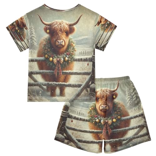 Christmas Highland Cow Winter Pajama Set Short Sleeve Pajamas Shorts Sets Cotton Soft Loungewear Sleepwear 5Y2