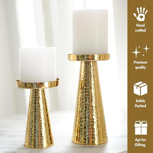 Image of Behoma Handcrafted Hammered Gold Pillar Candle Holder Gift Set | Luxury Table Centerpiece for Living Room & Dining Table | Premium Home & Wedding Decor Gift (Set of 2, Candles Not Included)