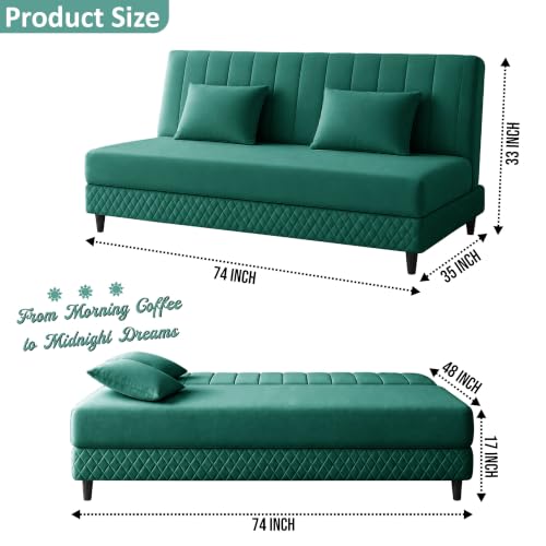 Image of Rosebell Modern 3 Seater Velvet Sofa Cum Bed with Cushion | Premium Upholstered Fabric | Tufted Backrest | Wooden Legs | Living Room Furniture | Green