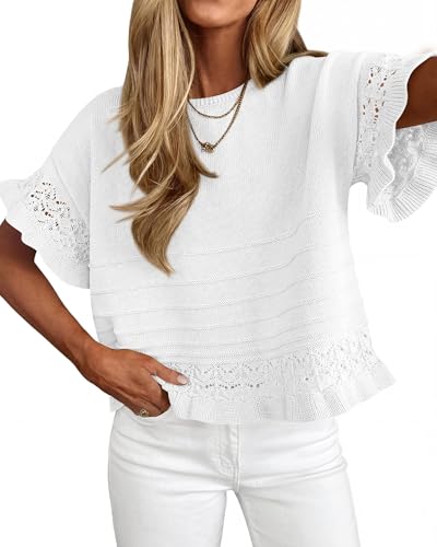 KIRUNDO Short Sleeve Sweater for Women 2026 Spring Summer Tops Crochet Round Neck Ruffled Hem Knit Pullover Casual Blouse(White, X-Large)