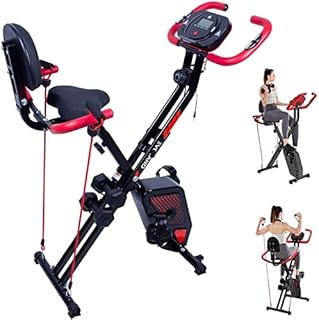 EVOLAND Exercise Bike with 8-Level Adjustable Resistance, Foldable Indoor Trainer Fitness Bike, with Pulse Rate Sensor| LCD Monitor| 2x 1kg Dumbbells, 265LBS Max Load for Home Use Workout Bike
