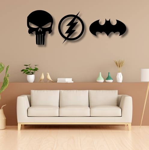 Image of TWIGGY Superhero 6mm MDF Wooden Wall Decor Set for Home, Office, or Gaming Room, Gift, Anime (pack of 3 | The Batman,Punisher,Flash)