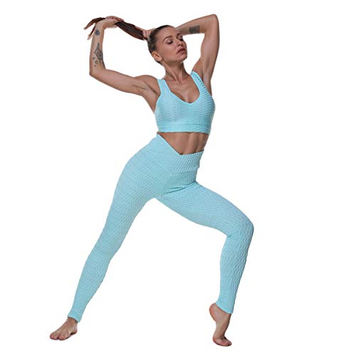 Image of RNG EKO Green Spandex Skinny 2 Piece (Sports Bra + Leggings) Fitness /Gym /Yoga /Sports Wear Set for Women (Pastel Light Blue, M)