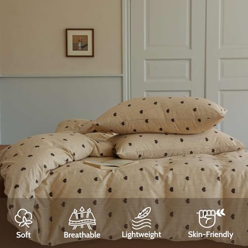 Image of Heart Duvet Cover Full Size Brown Hearts Vertical Ticking Striped Bedding Set Vintage Striped Love Heart Soft Breathable Microfiber Comforter Cover Set with Zipper Closure and 2 Pillowcases