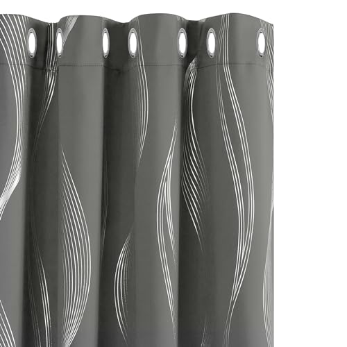 Deconovo Grey Blackout Curtains for Living Room 72 Drop Silver Wave Line Foil Printed Blackout Curtains Thermal Insulated Curtains Eyelet Curtains for Baby Nursery 52 x 72 Inch Grey Two Panels