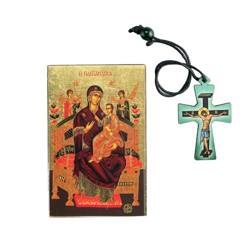 Panagia Pantanassa Miraculous Icon and Wooden Cross Pendant - Gift