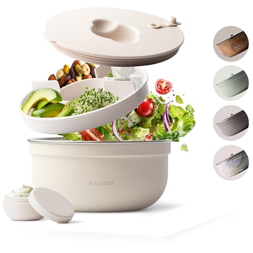 MAMEIDO Insalatiera per il viaggio 1,5 l, Lunchbox in acciaio inox, Bento Box senza BPA Porta Pranzo con scomparti e contenitore per condimenti a prova di perdite Meal Prep (Ivory Beige)