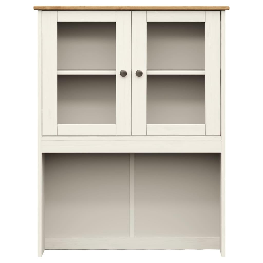 Tablero alto de madera maciza de pino con frentes de cristal y asas de metal. Elegante buffet de cocina con espacio para vajilla y decoración de madera de pino resistente