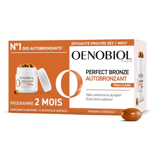 Oenobiol Autobronzant Peau Claire Perfect Bronze - Efficace Dès Le 1er mois sans soleil - Concentration de 5 pigments 100% d'origine végétale - Complément Alimentaire 2X30 Capsules - Programme 2 Mois