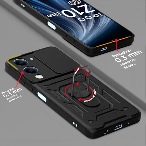 Image of Pikkme Back Cover for iQOO Z10 lite 5G / Vivo T4 lite 5G / Y19 5G / Y19e / Y04 4G / Y29s 5G | Sliding Camera Shield with Ring Stand | D10 Tough Armor Full Camera Protection Bumper Case (Black)