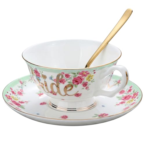 Rtteri Bride Teacup and Saucer Set 7oz Bridal Shower Teacup Porcelain Ceramic Tea Cups for Bridal Shower Tea Party Wedding Decor Victorian Elegant Coffee(Green,Floral)