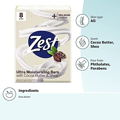 Image of Zest Bar Soap - 8 Bars - Enriched With Cocoa Butter And Shea for Ultra Moisturizing Cleansing - Leaves Your Body Feeling Silky Smooth And Deeply Moisturized (Pack of 2)