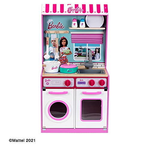 Theo Klein 7312 Barbie Holzküche mit integriertem Puppenhaus 2 in 1 I Spielküche mit Herd, Waschmaschine und Zubehör I… – Bild 7