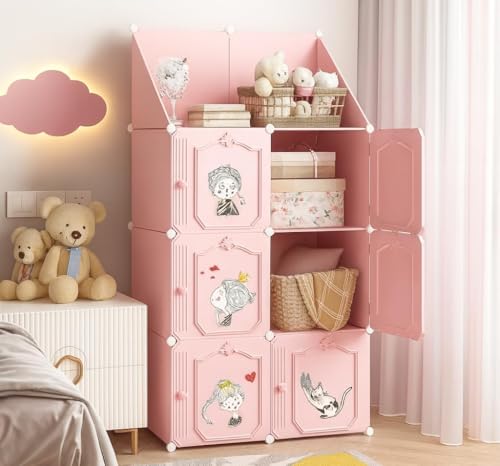 Image of Sunderlook Plastic Wardrobe for Kids Clothes - Professional Collapsible Wardrobe, Easy to Use Foldable Almirah, Plastic Cupboard for Kids for Home (Pink-HA1, 6 + 2 Door)
