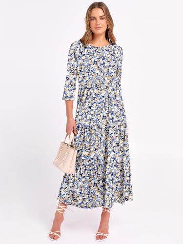 Prinbara Women's 3/4 Sleeve Casual Maxi Floral Dresses 2025 Fall Crewneck A-line Tiered Flowy Summer Boho T Shirt Long Dress3