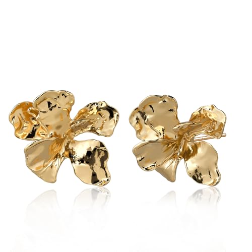 Gold 3D Statement Chunky Flower Earrings, Hypoallergenic 925 Sterling Silver Stud, Summer Spring Fancy Vintage Jewelry for Women