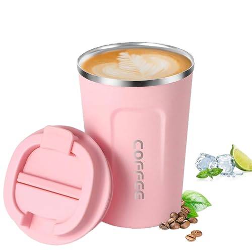 DDUP Travel Mugs,Insulated Coffee Cup with Leakproof Lid, Reusable Coffee Cups Travel, Portable Car Coffee Cup, Stainless Steel Thermal Mug for Hot and Cold Coffee Water and Tea-380ml(Pink)